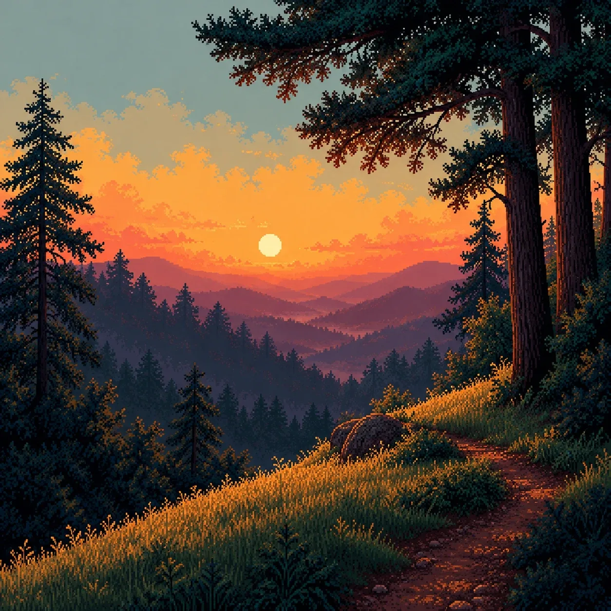 Pixel-art illustration of a sunset over layered forest hills, orange and purple sky