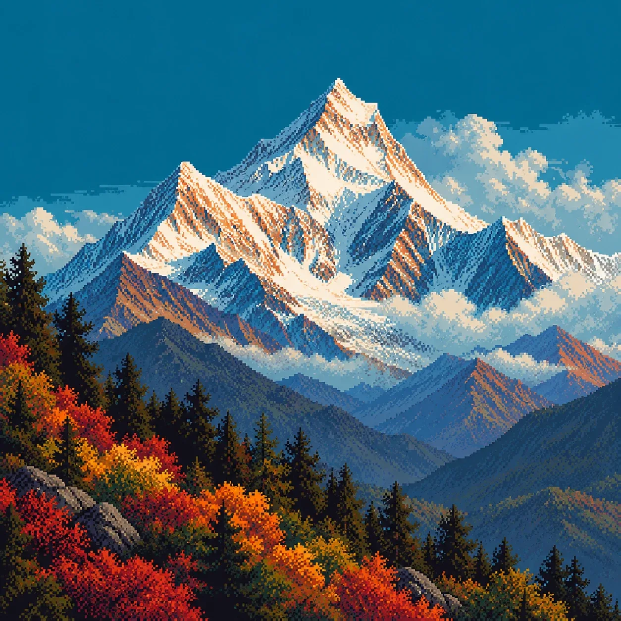 Pixel-art illustration of a snowy mountain peak above autumn-coloured forest