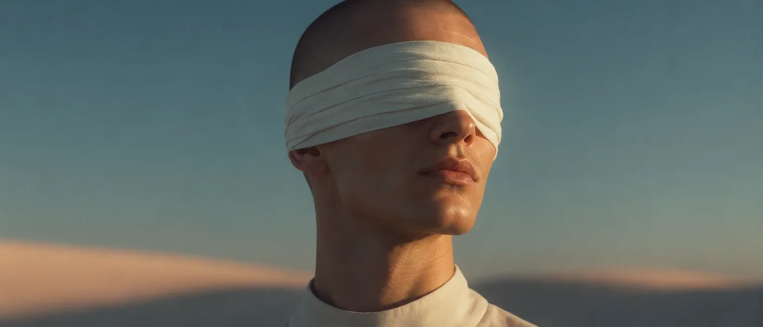 A person with a white cloth blindfold, head and shoulders