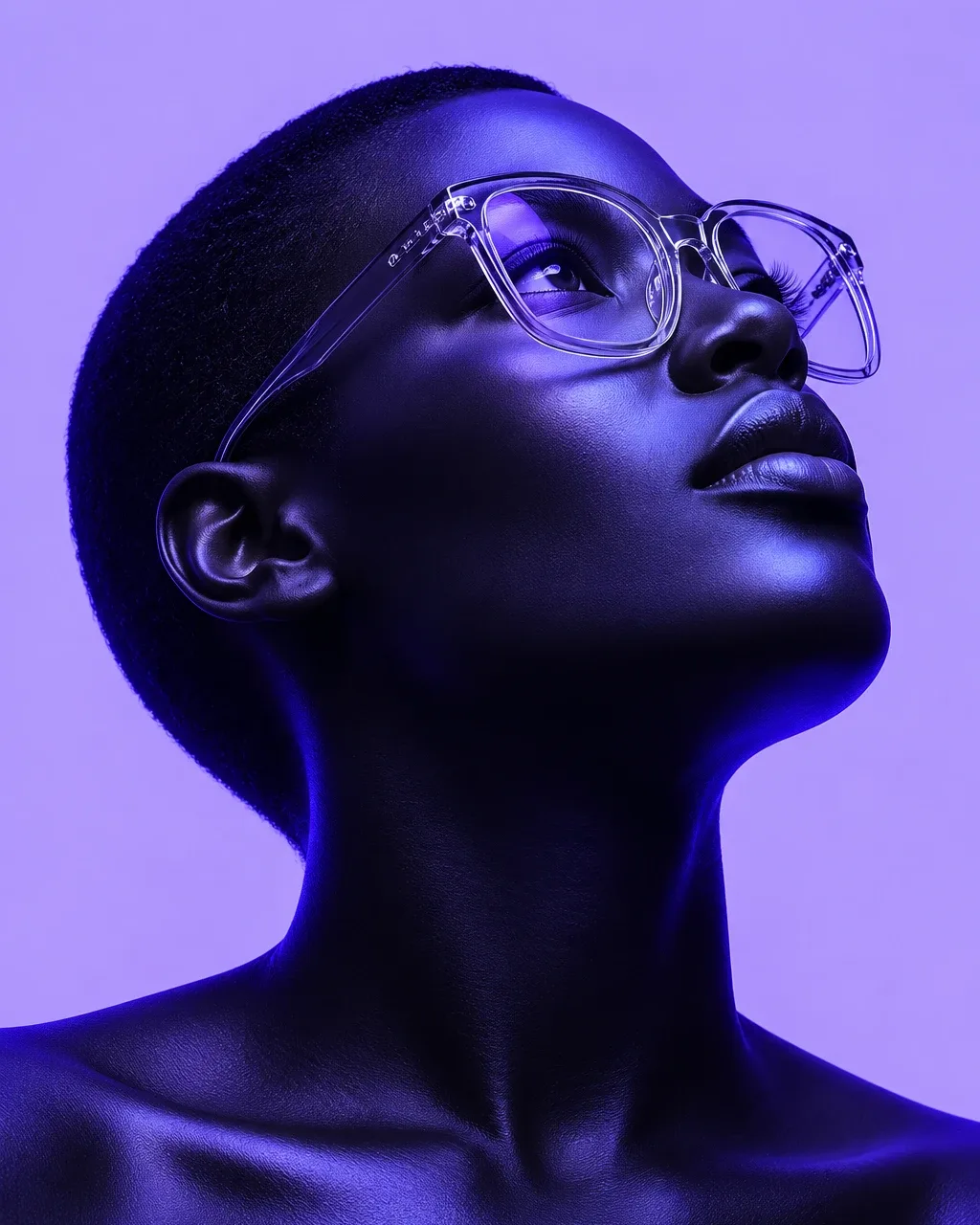 A dark-skinned person in profile, head tilted back looking up, glossy violet-tinted skin