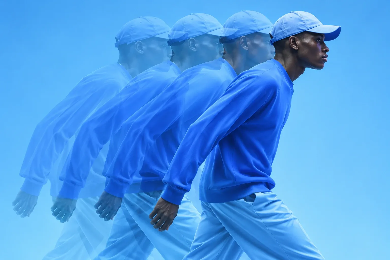 Multiple-exposure motion shot of a man in a light-blue cap and blue clothes walking