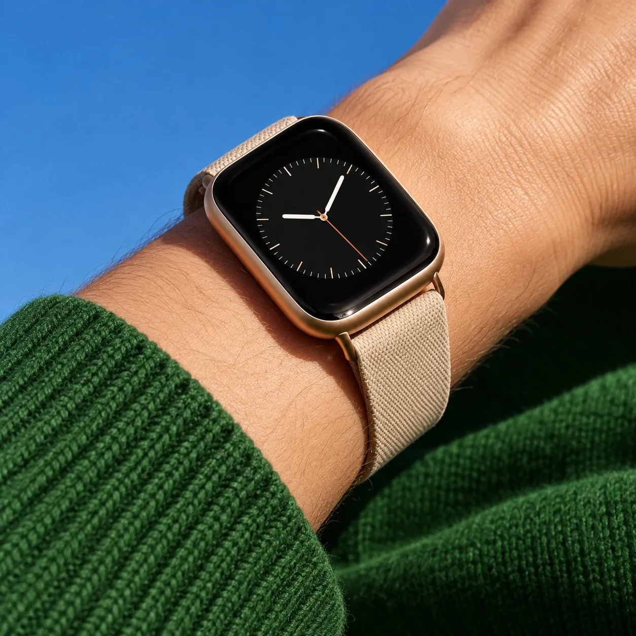 Close-up of a wrist in a green knit sleeve wearing a smartwatch with a beige woven strap