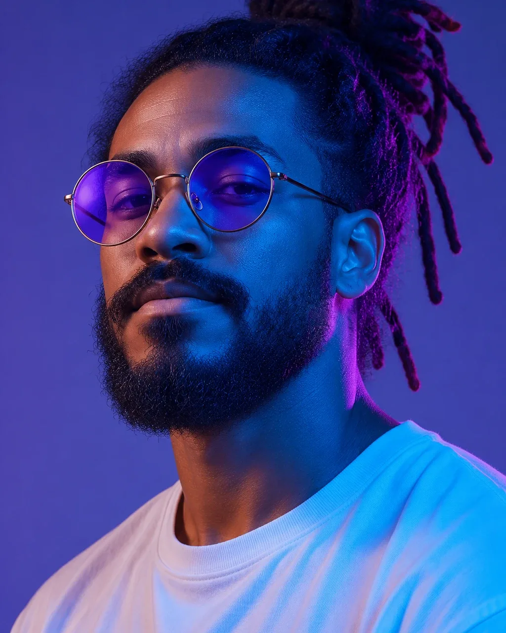 A man with dreadlocks tied up, round violet-tinted glasses and a beard