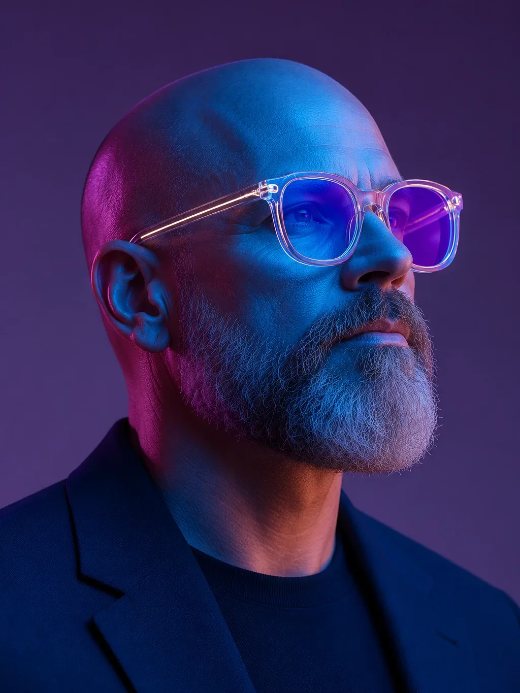 A bald man with a grey beard wearing clear-frame glasses with violet reflections