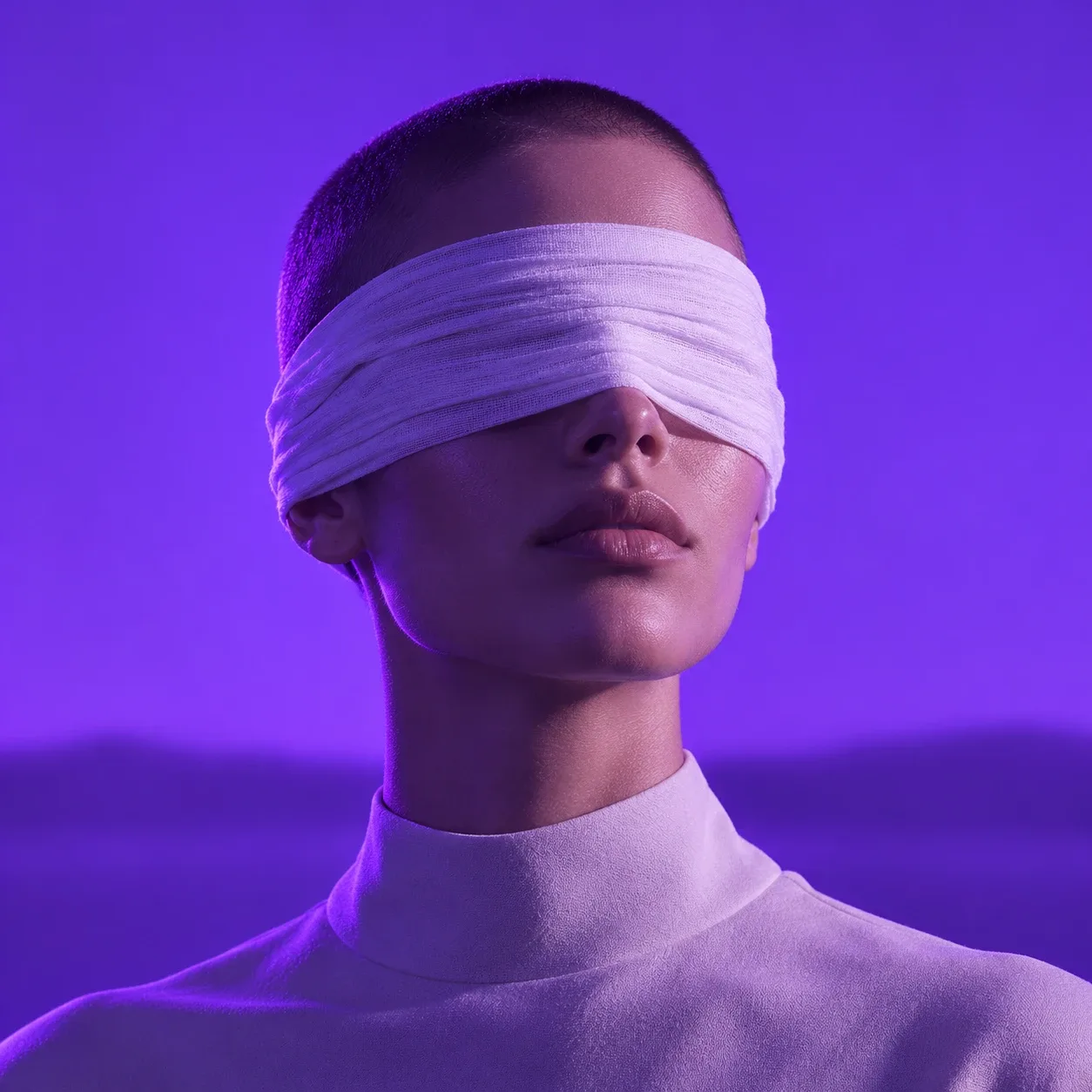 A person with a white cloth blindfold, head and shoulders