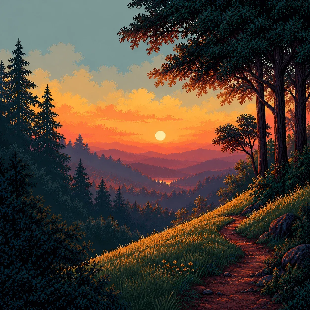 Pixel-art illustration of a sunset over layered forest hills, orange and purple sky