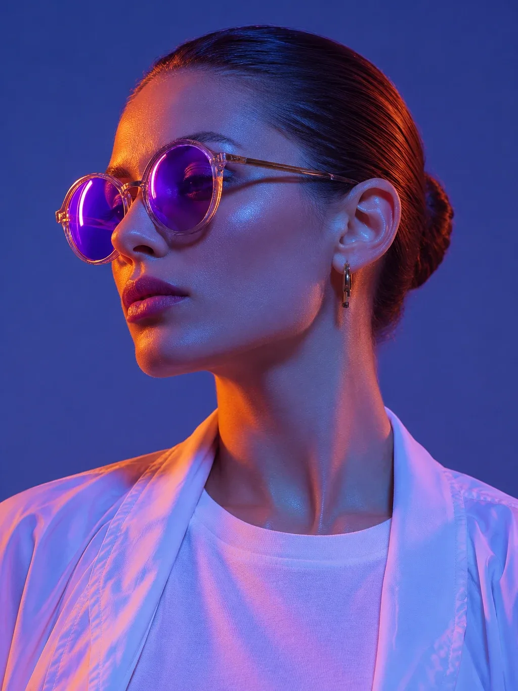 A woman in profile with slicked-back hair wearing round violet sunglasses