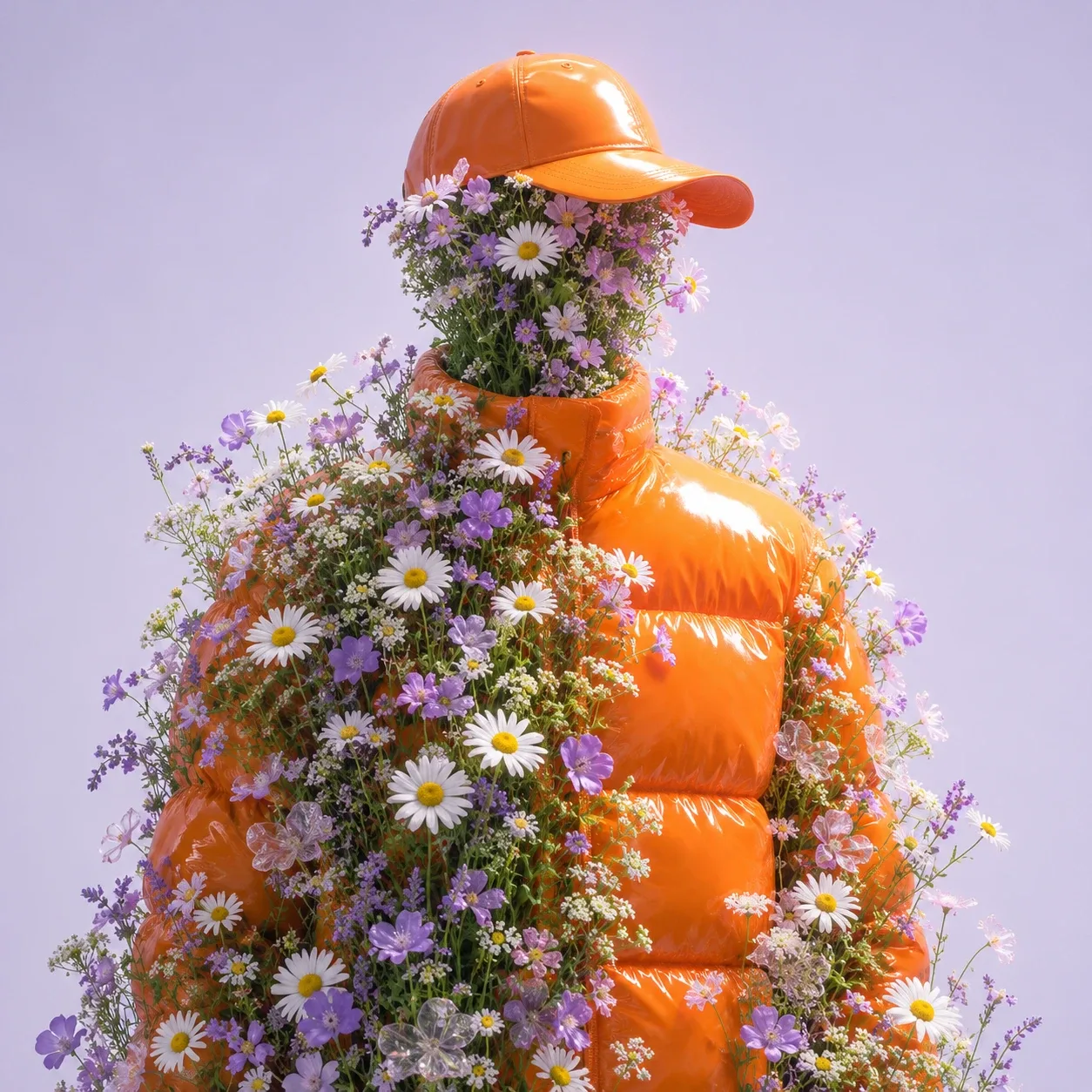 A figure in an orange puffer jacket and cap, overgrown with wildflowers