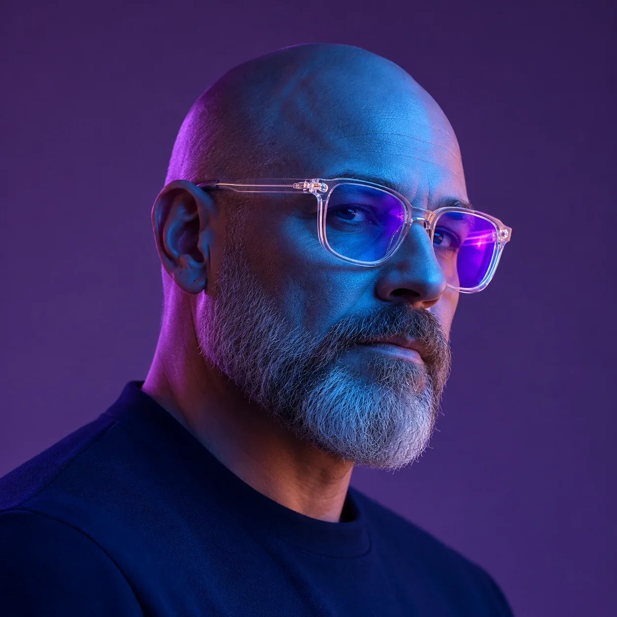 A bald man with a grey beard wearing clear-frame glasses with violet reflections