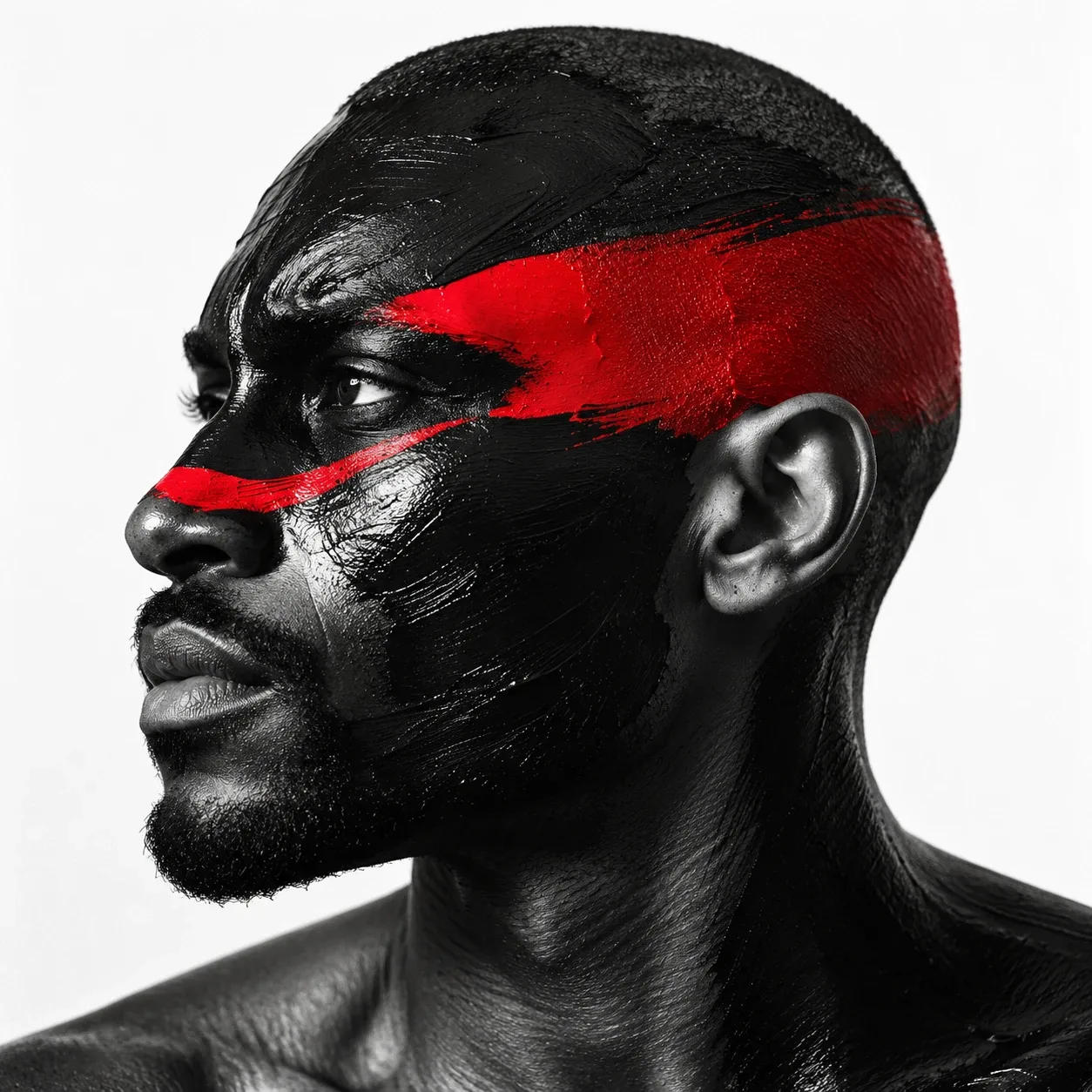 Black-and-white profile portrait of a man with a bold red painted stripe across his face