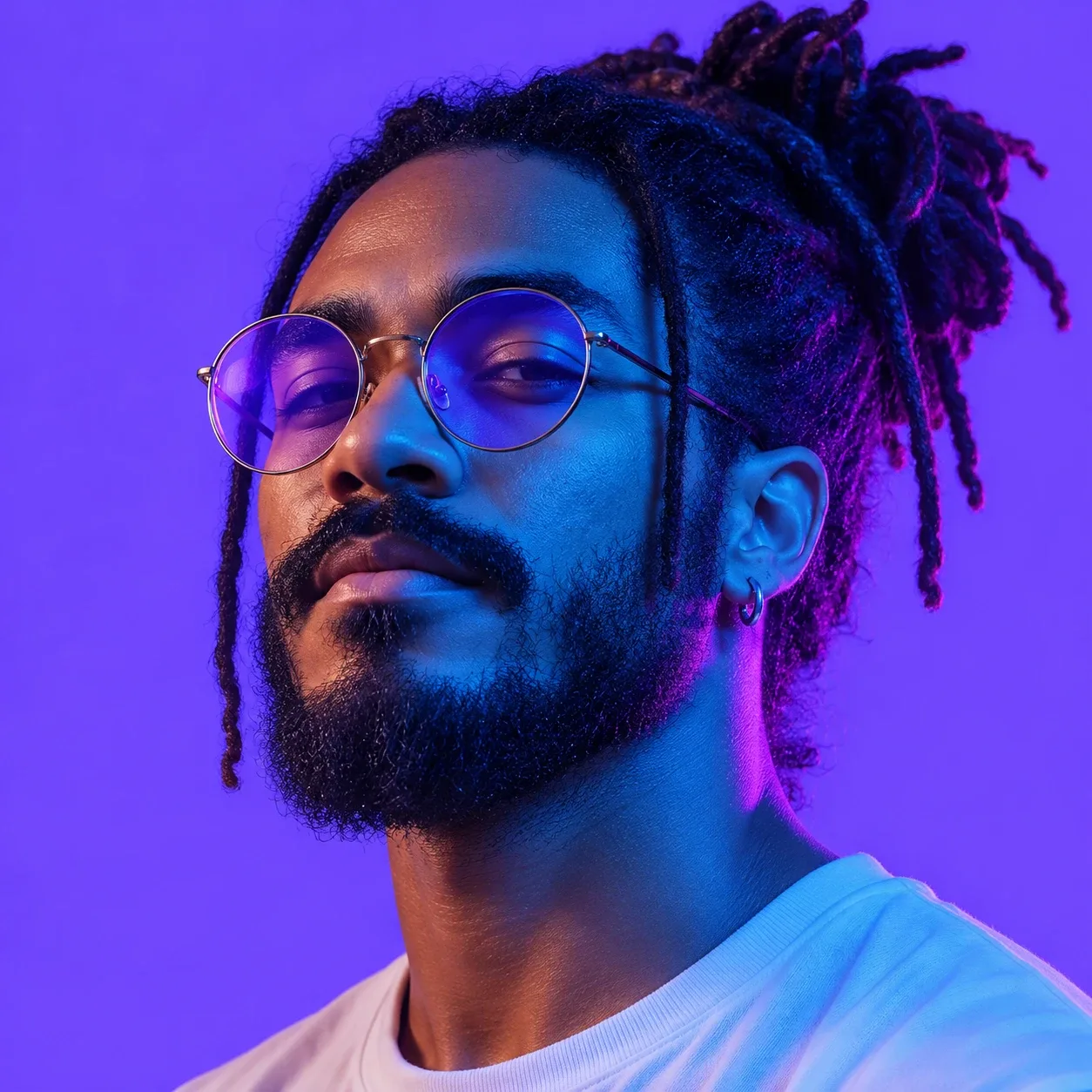 A man with dreadlocks tied up, round violet-tinted glasses and a beard