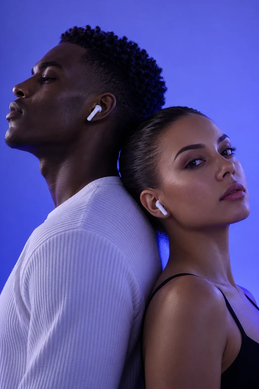 A man and a woman leaning back to back, both wearing small white wireless earbuds