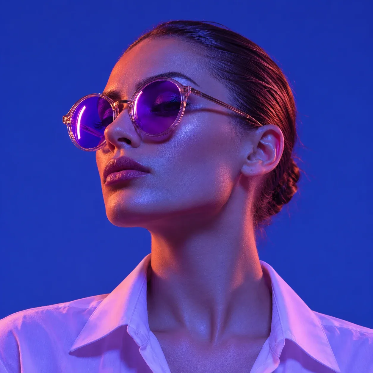 A woman in profile with slicked-back hair wearing round violet sunglasses