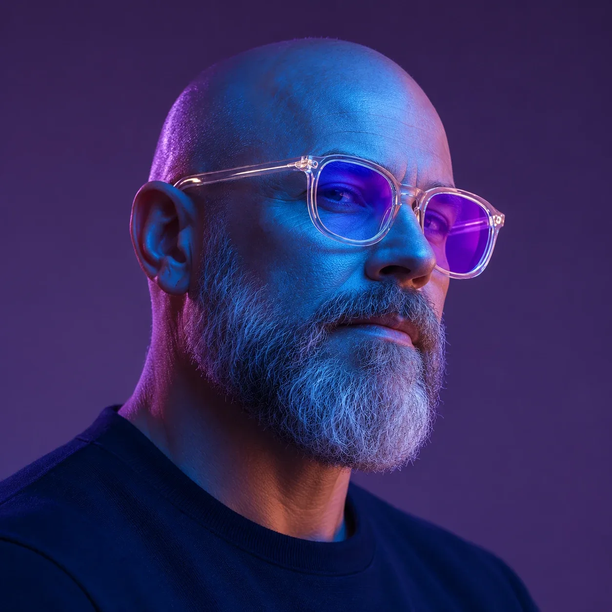 A bald man with a grey beard wearing clear-frame glasses with violet reflections