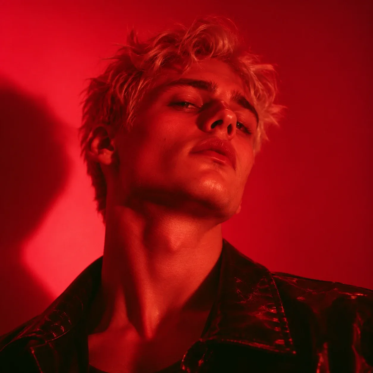 A person with short light hair bathed in red light, looking down at the camera