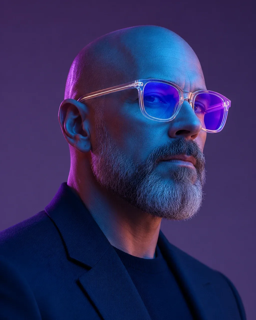 A bald man with a grey beard wearing clear-frame glasses with violet reflections
