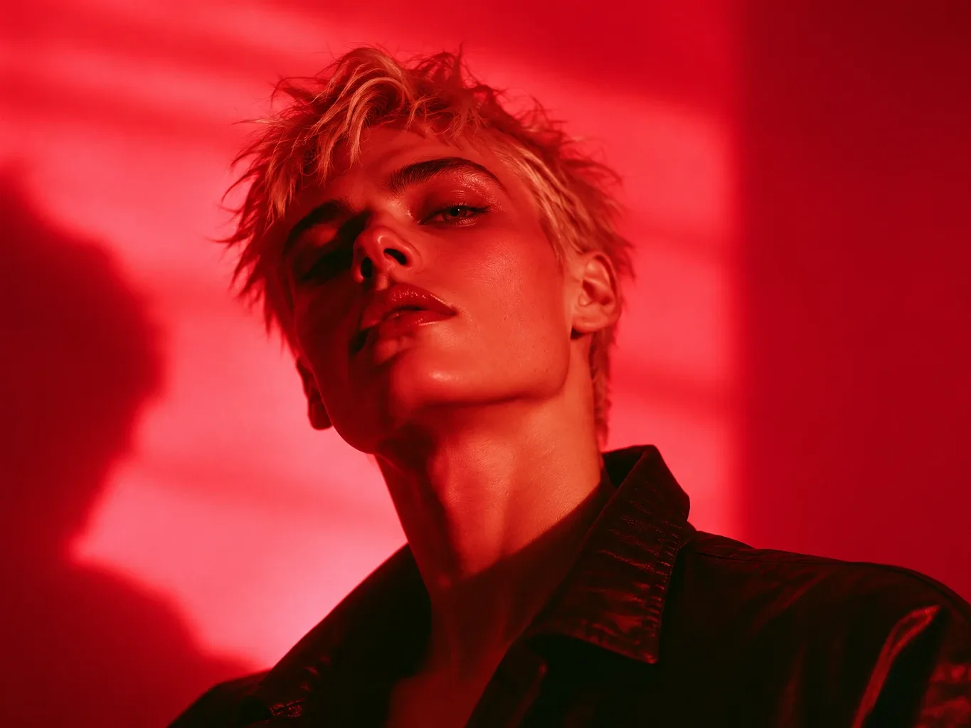 A person with short light hair bathed in red light, looking down at the camera
