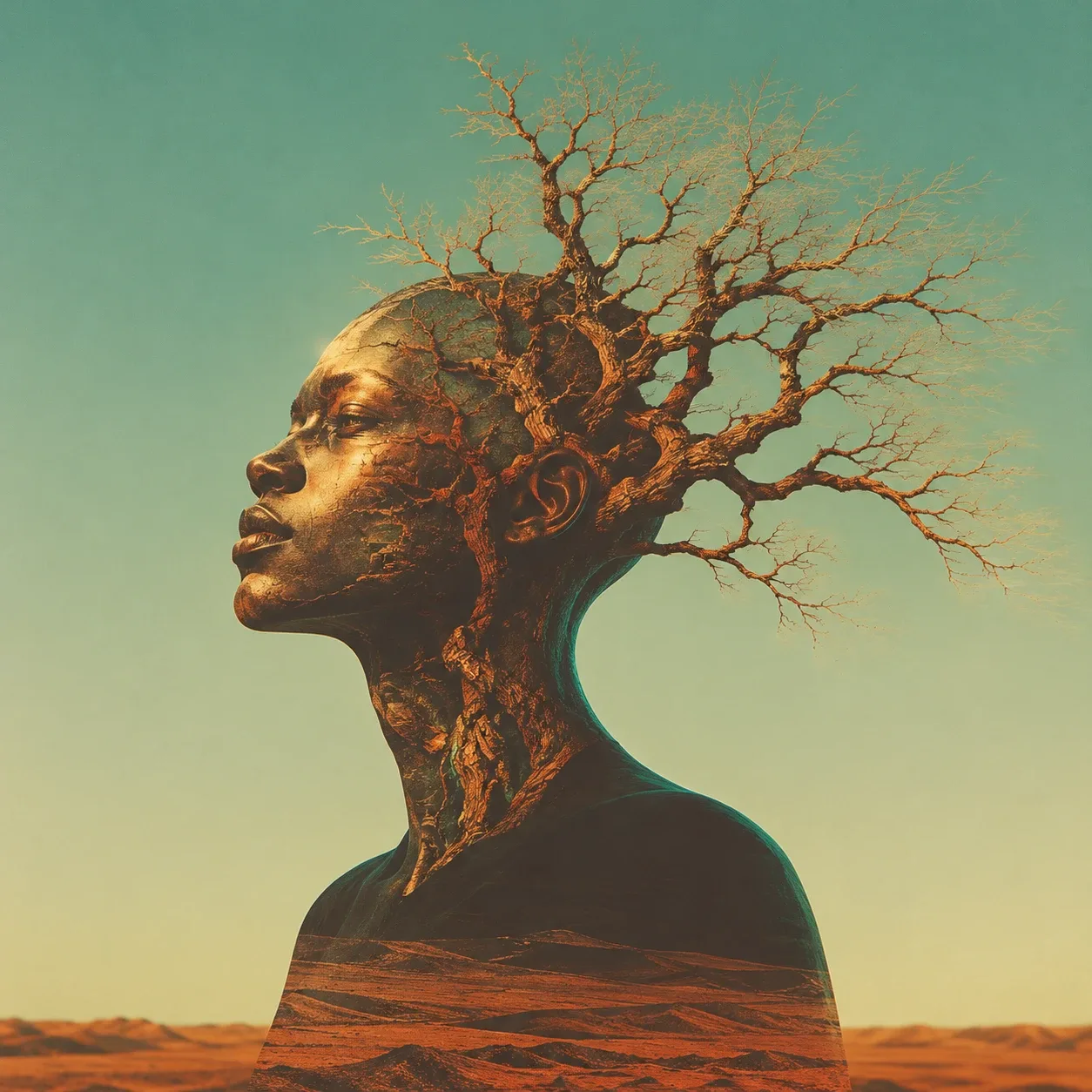 Surreal portrait: a human head in profile made of bronze bark