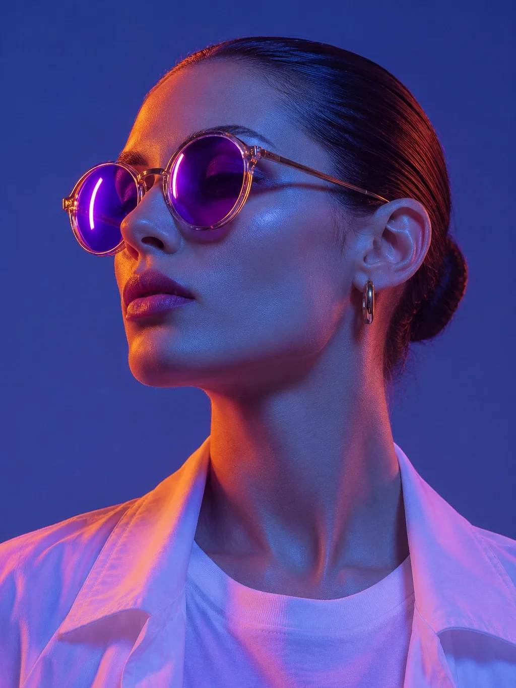 A woman in profile with slicked-back hair wearing round violet sunglasses