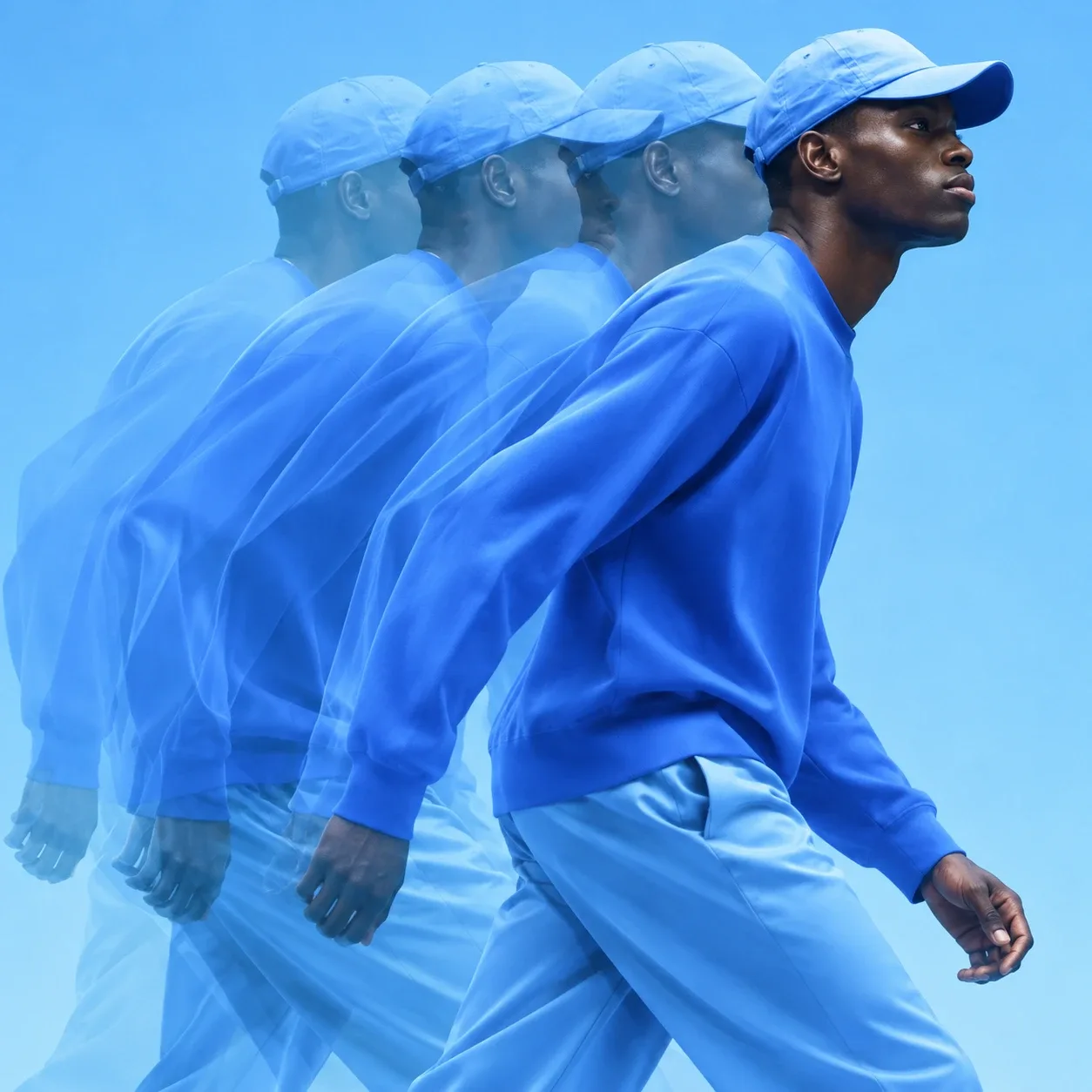 Multiple-exposure motion shot of a man in a light-blue cap and blue clothes walking