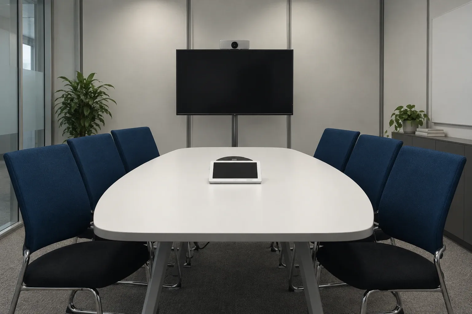 Empty modern conference room: white oval table, navy chairs, wall-mounted screen