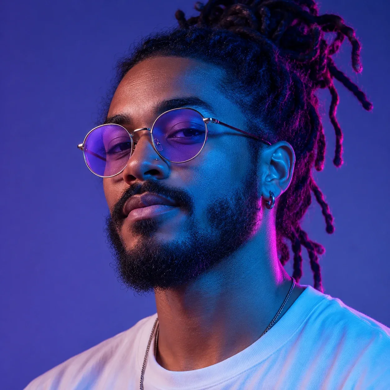 A man with dreadlocks tied up, round violet-tinted glasses and a beard