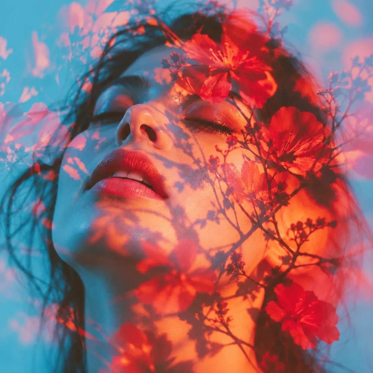 Close-up of a woman's face in double exposure with red flowers and branches