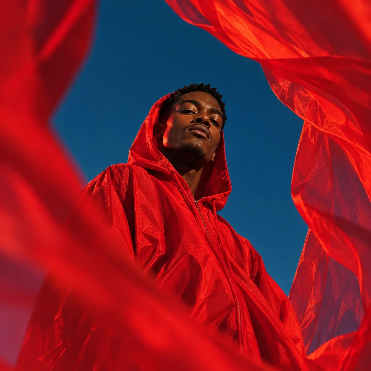 A young man in a red hoodie surrounded by flowing red fabric