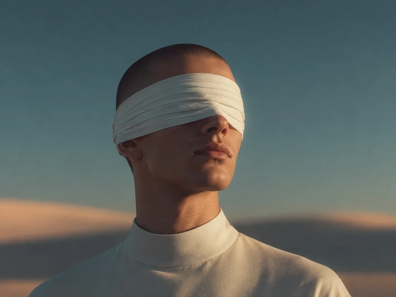 A person with a white cloth blindfold, head and shoulders