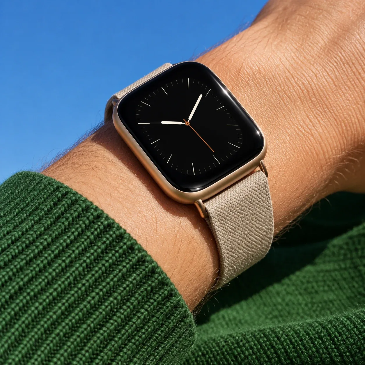 Close-up of a wrist in a green knit sleeve wearing a smartwatch with a beige woven strap