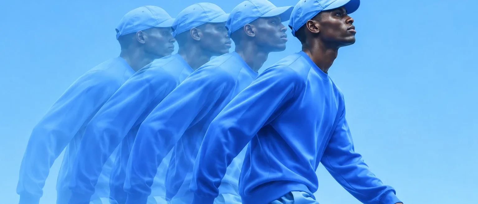 Multiple-exposure motion shot of a man in a light-blue cap and blue clothes walking