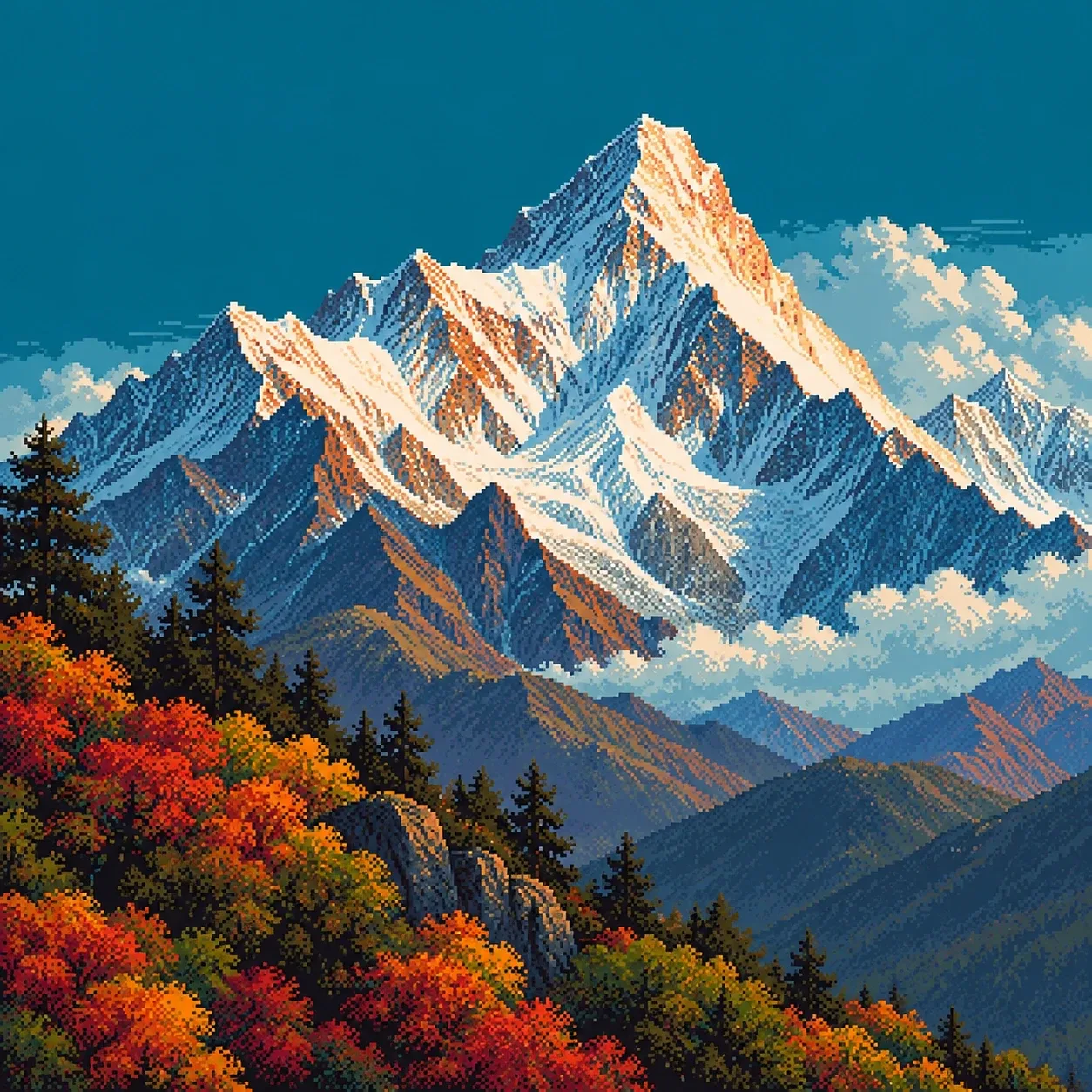 Pixel-art illustration of a snowy mountain peak above autumn-coloured forest