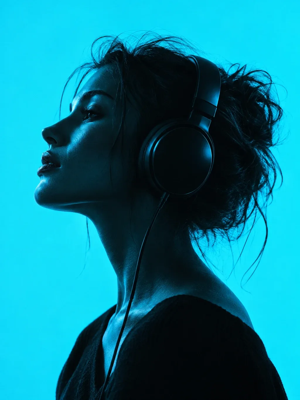 Silhouette of a woman in profile with a loose messy updo wearing over-ear headphones