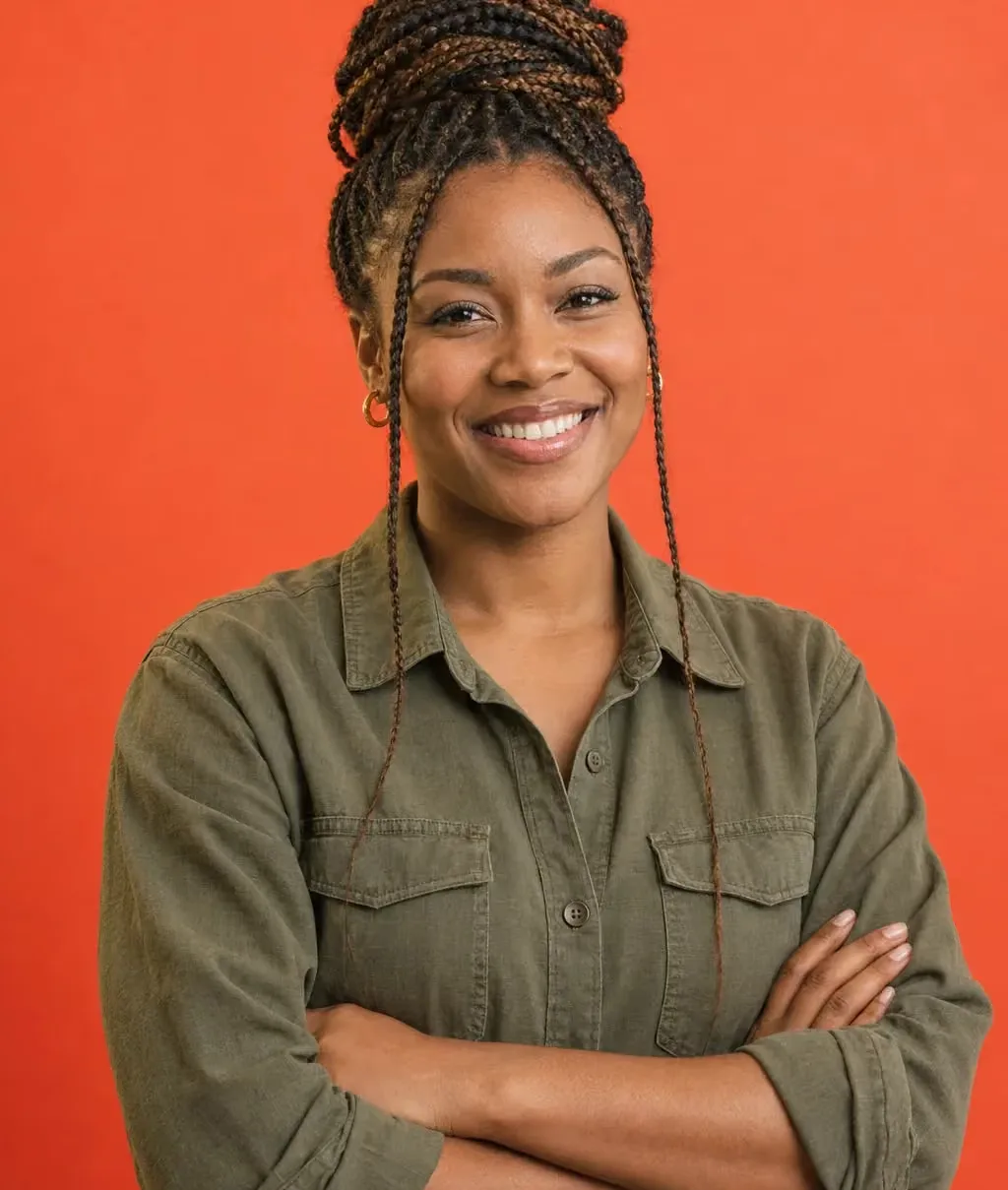 Woman in her 30s with long braids tied up high and an olive utility shirt, arms crossed