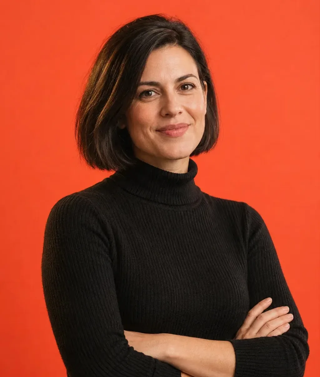 Woman in her late 30s with a sleek dark bob and a black turtleneck, arms loosely crossed
