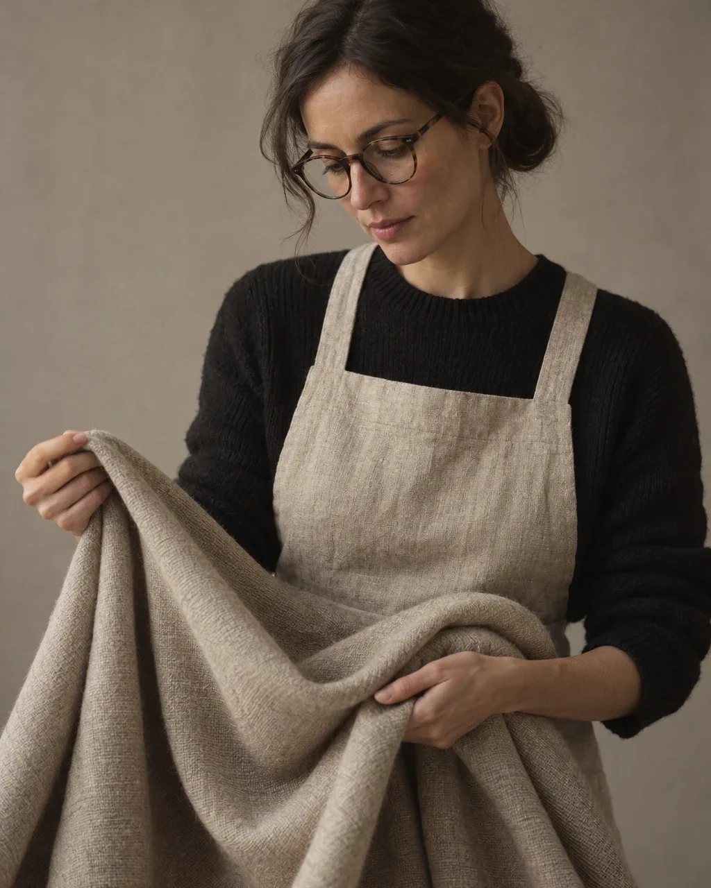 Portrait of a woman with loose curls and bare, glowing skin