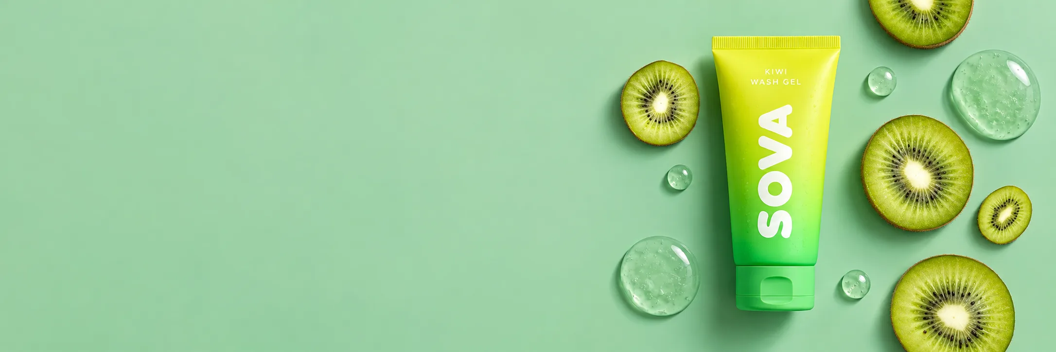 SOVA Kiwi Wash Gel with kiwi slices and clear gel on a mint surface, with open space at left.