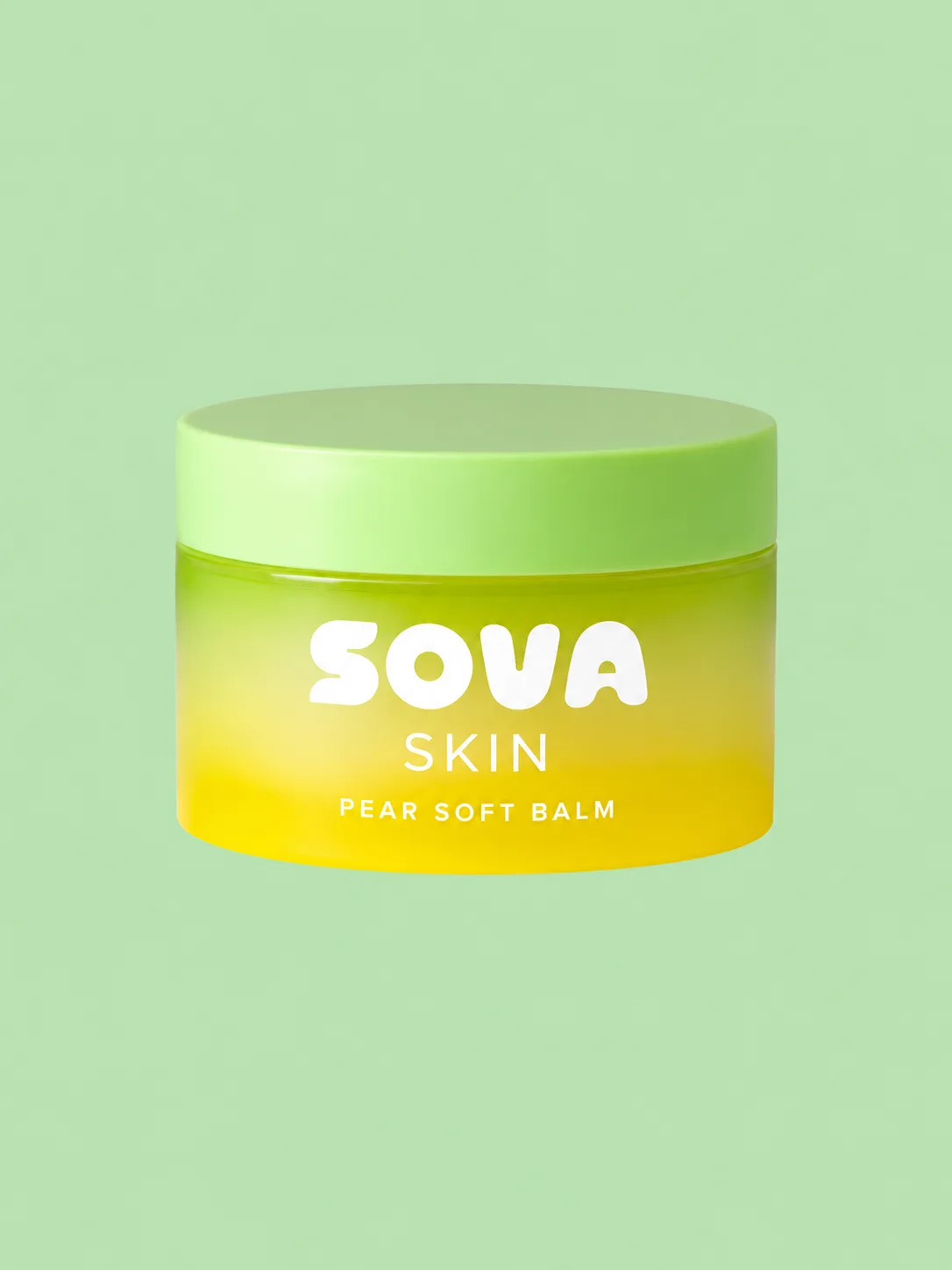 SOVA Pear Soft Balm in a translucent yellow-lime jar with a broad lime lid on mint.