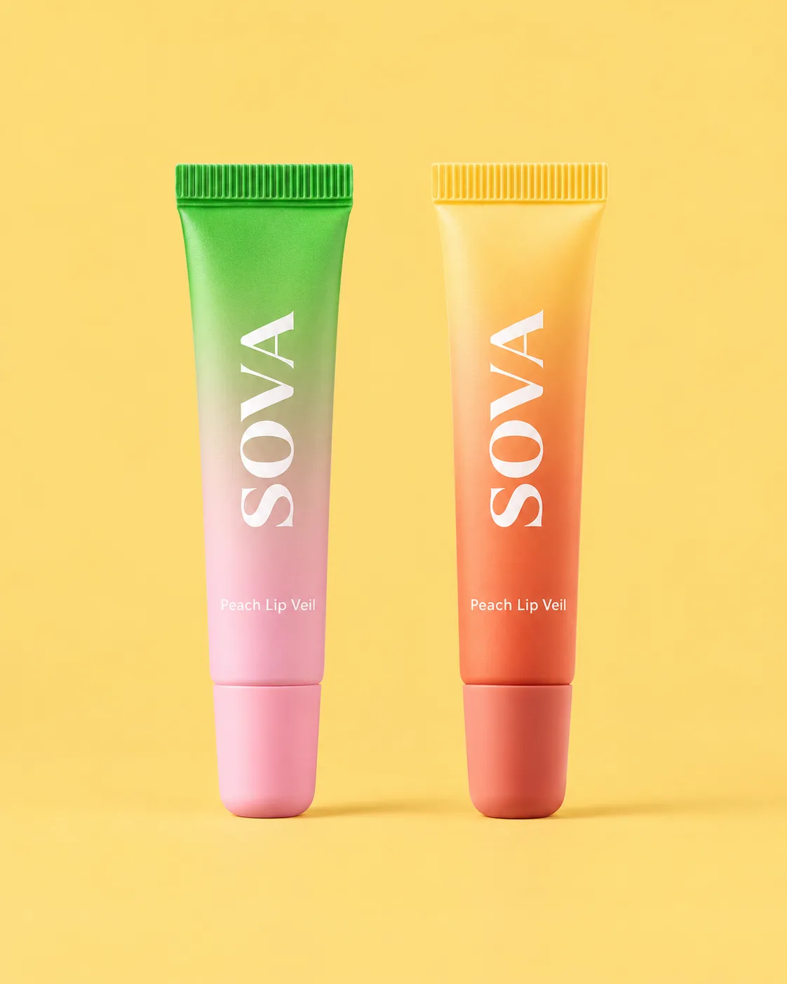 Two SOVA lip-care tubes on pale yellow.