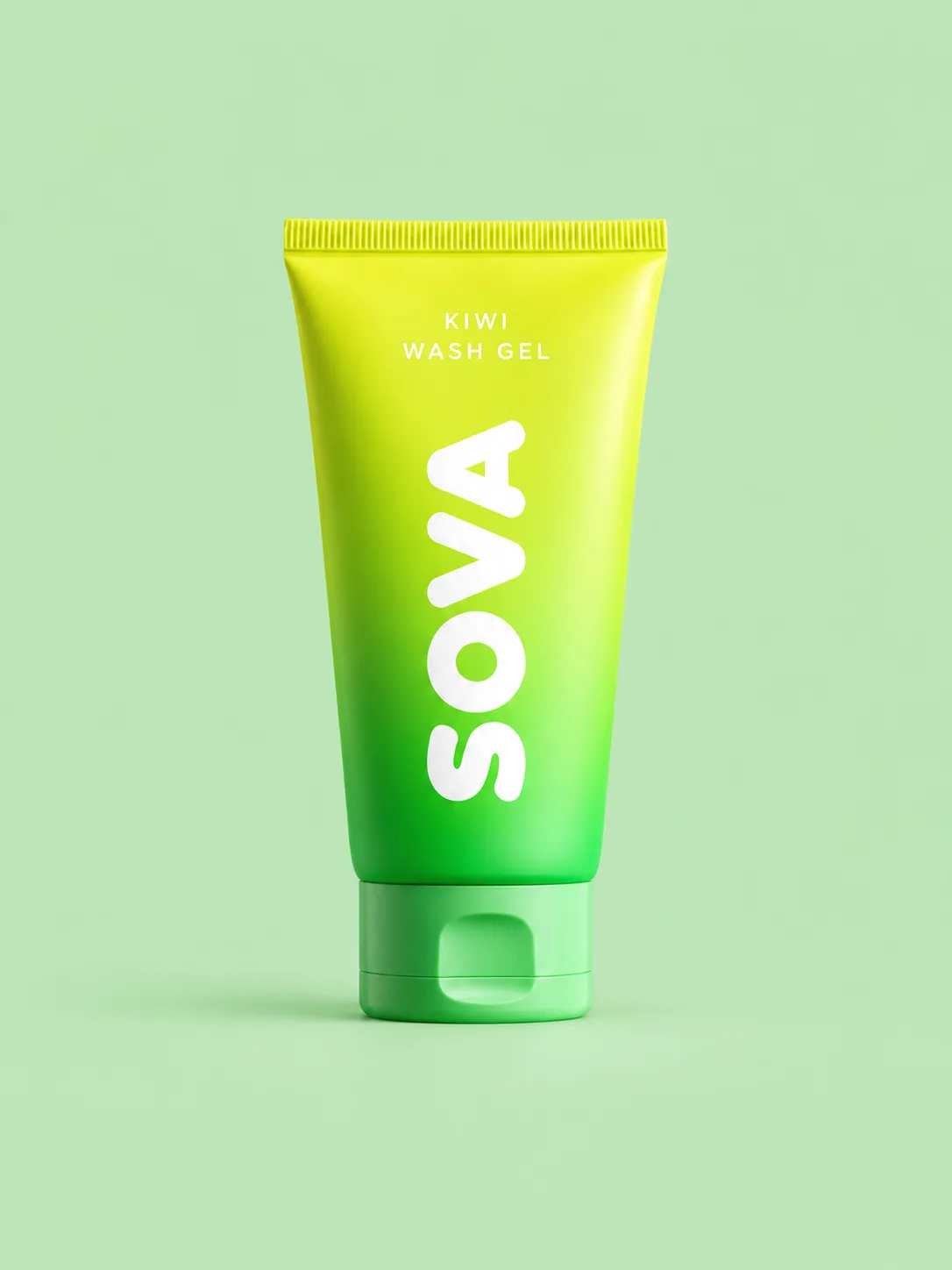 Kiwi Wash Gel green squeeze tube on a soft green background.