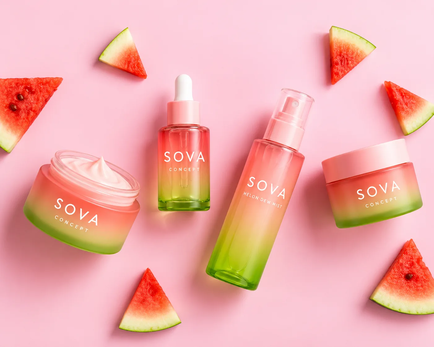 Pink-to-lime SOVA concept containers arranged with watermelon pieces on a pink surface.