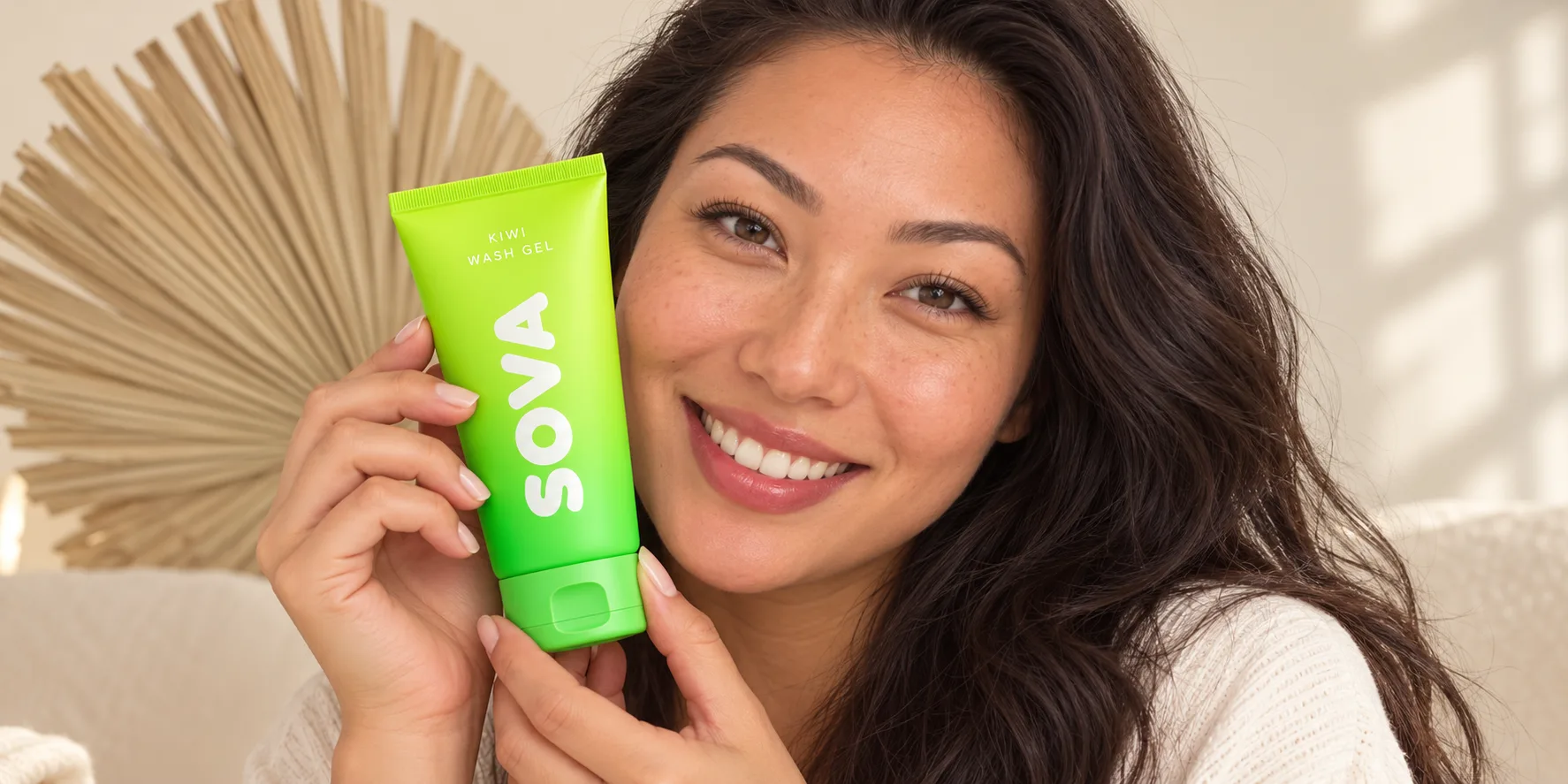 A fictional adult model holding a green SOVA Kiwi Wash Gel tube beside her cheek.