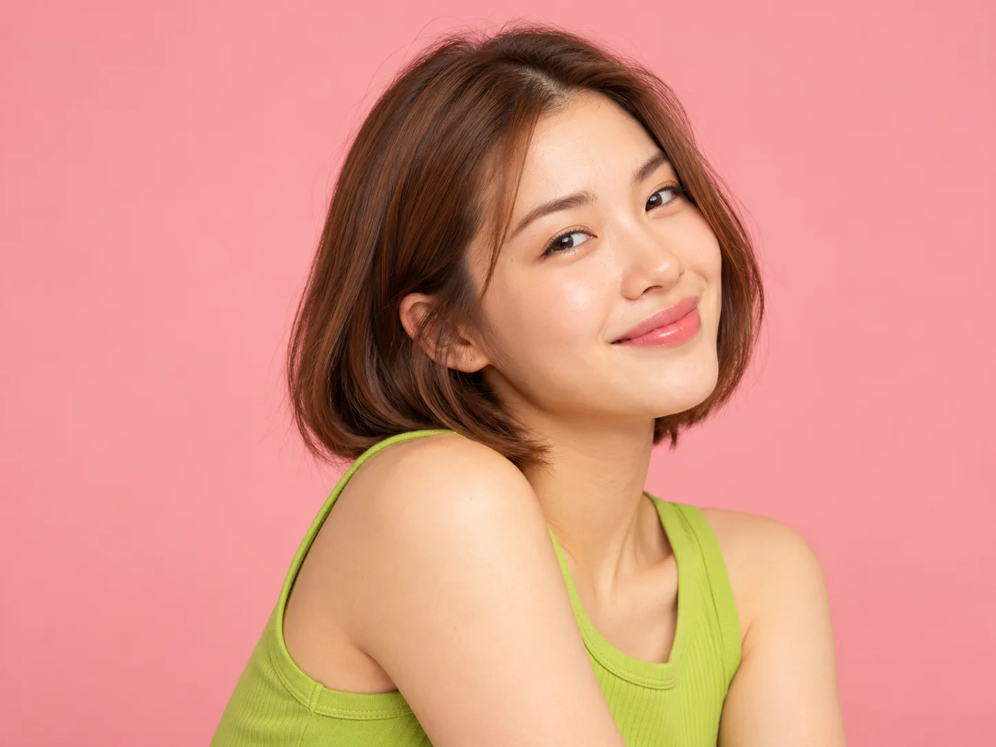 Fictional portrait of Demo reader 2, a woman with a short bob and green top against a pink background.