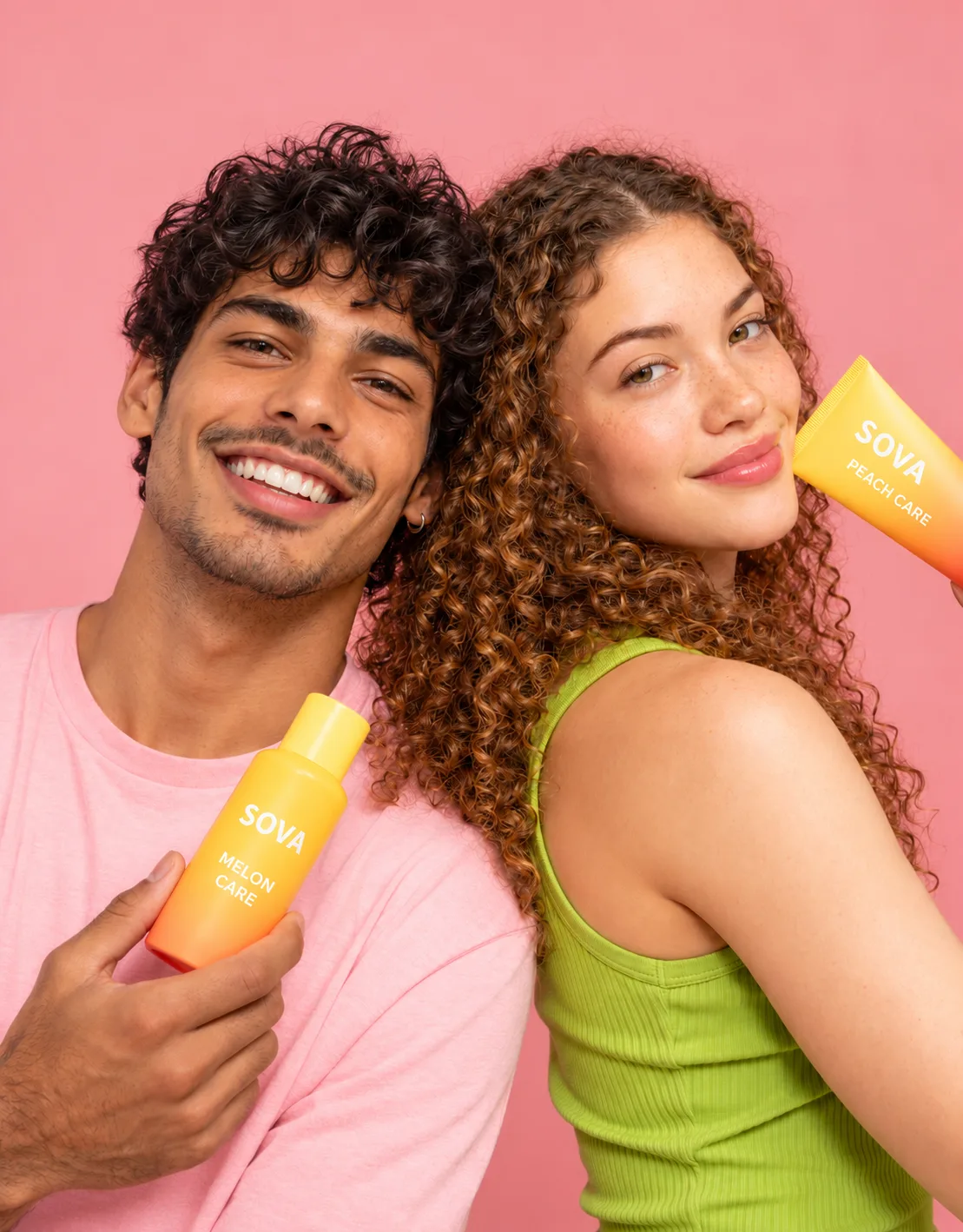 Two fictional adult models holding SOVA Melon Care and Peach Care campaign props against pink.