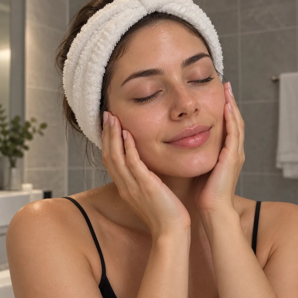 A fictional adult model in a white headband resting her hands against her cheeks in a tiled bathroom.