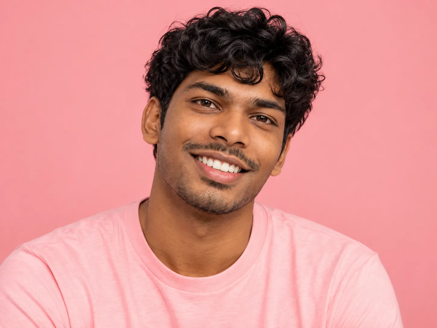 Fictional portrait of Demo reader 1, a man in a pink shirt against a pink background.
