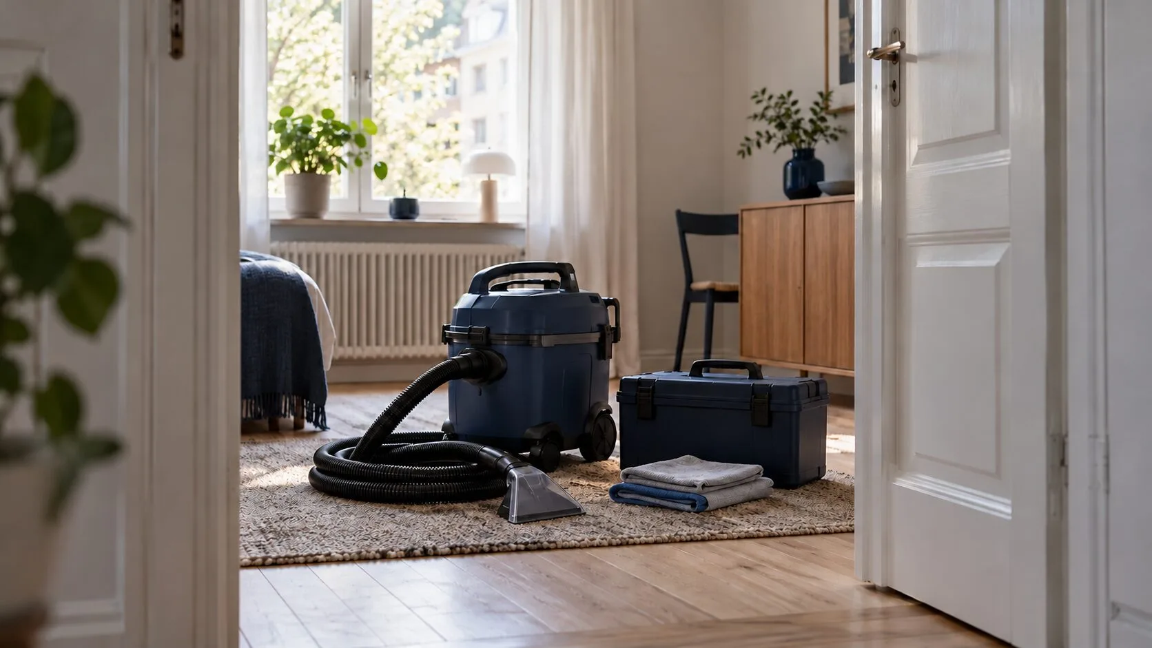 Illustration av ett bostadsrum med saneringsutrustning